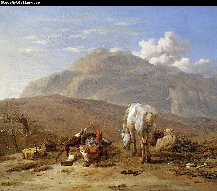 Karel Dujardin Southern landscape with young shepherd and dog.